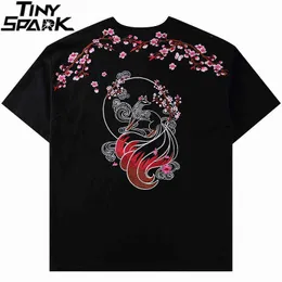 Hip Hop Streetwear T Shirt Broderi Fox Peach Blossom T-shirt 2021 Män Harajuku Bomull Tshirt Sommar Kortärmad Toppar Tees H1218