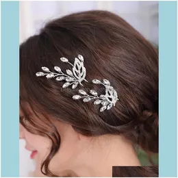 Hårsmyckenklipp Barrettes Sier Color Bride Hairpins Rhinestone Casual Headpieces Prom Party Aessory Leaf Jewelry Women Wedding Dr