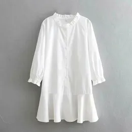 Women Ruffled Hem White Mini Shirt Dress Female O Neck Nine Quarter Sleeve Clothes Office Lady Loose Vestido D6983 210430