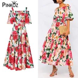 Summer Runway Fashion Maxi Long Holiday Dress Lady Floal Print Elastic Waist Ankle Length Spaghtti Strap Dresses Vestidos 210421