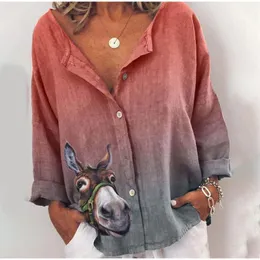 Höstskjortor Gradient Streetwear Donkey Print Loose Ladies Toppar Långärmad Stora Sommar Kvinna Casual Topp Blus