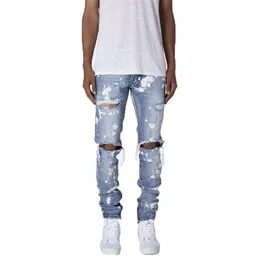 Men Jeans Distressed Snow Wash Paint Dot Design Pencil Pants Mens Fashion Slim Jean Knee Holes Denim Trousers Kot Pantolon Size