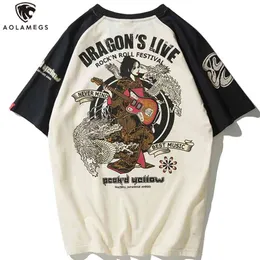 AOLAMEGS homens oversized t-shirt japonês gueixa dragão cópia camiseta casual anime camiseta de algodão verão streetwear roupas masculinas 210706