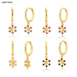 Andywen 925 Sterling Silver Gold Aros Herradura Spring Drop Drop Snowflower Kolczyk Pendiente Luksusowe Fine Jewelry Klipy Prezent ślubny 210608