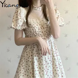 Vintage Sommer Floral Spitze Kleid Frau Mori Mädchen Boho Puff Sleeve Mini Frau Kleid Chic Robe Femme Süße A-Line vestidos 210619