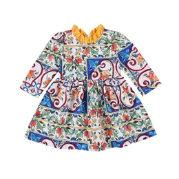 2-8Y Autumn Spring Bohemian Toddler Kid Girls Flower Dress Long Sleeve Ruffles Dresses For Girl Travel Holiday Clothes 210515