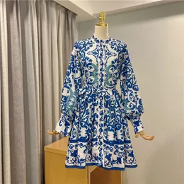 New design fashion women's retro stand collar lantern long sleeve blue and white porcelain print single breasted high waist a-line dress SML