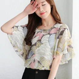 New Fashion O-Neck Flower Printed Ruffled Women Chiffon Tops half Sleeve slim Women Shirts Feminino Summer Casual Blusas 876F 210317