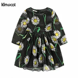 Kimocat Summer Autumn Girl Dress marguerite Flowers Printing princess dress chiffon half sleeve Princess dress Children Clothing Q0716