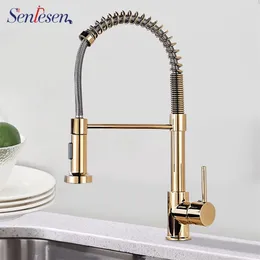 Senlesen Golden Kitchen Faucet Spring Brawn Swivel Swead Single Handle Vanity Pia e misturador de água fria Tap Guindaste 211108
