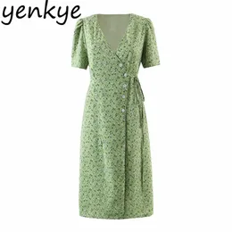 Summer Women Vintage Green Floral Print Wrap Dress Donna manica corta A Line Midi Abiti da donna Prairie Chic Vestido 210514