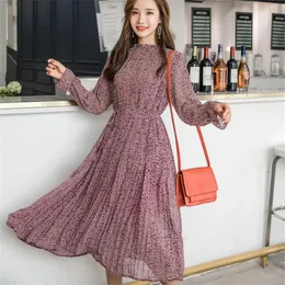 Casual Sukienki Letnia Dress Elegancka O-Neck Kwiatowy Druku Kobiety Pełna Rękaw Elastyczna Szczupła talia Szyfonowa A-Line Długa Vestido