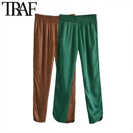 TRAF Women Fashion Side Pockets Soft Touch Pants Vintage High Elastic Waist Vents Hem Female Ankle Trousers Mujer 211124