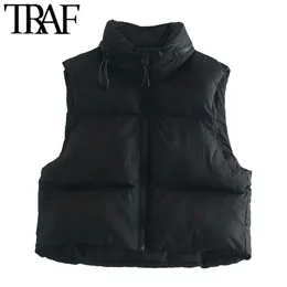 TRAF Women Fashion Hooded Hidden Inside Cropped Padded Waistcoat Vintage Sleeveless Zip-up Female Outerwear Chic Tops 210817