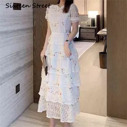 Summer White Lace Dress Woman Party Short Sleeve O-neck Floral Embroidery Ruffle Maxi Female Casual Bodycon 210603