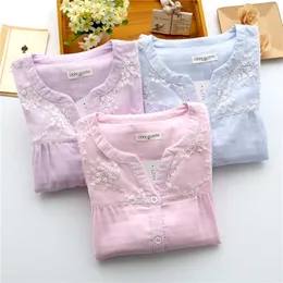 Pajamas For Women 100% Pure Cotton Home Suit XL Lace Floral V-neck Cardigan Top+Long Bottoms 2 Pcs 210924