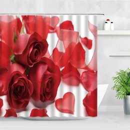 Tende da doccia Set di tende con rose rosse Petalo Amore Cuore Fiori San Valentino Decorazioni per il bagno in casa Ganci da bagno in tessuto impermeabile