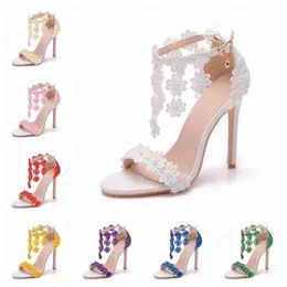 Women Ankle Strap Sandals Multicolour Lace Flowers Pearl Tassel 11CM High Heels Slender Bridal Wedding Shoes