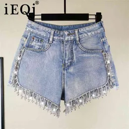 IEQJ Primavera Spring Summer Shorts Denim Patchwork Borla Raw High Waist Cowboy Streetwear Mulheres Moda AH03605XL 210719