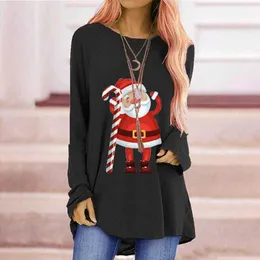 プラスサイズS-5XLファッションクリスマスサンタプリント女性Tシャツカジュアル緩い長袖基本トップスW773 210526
