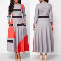 Plus Size Fashion Women Color Block Striped 3/4 Rękaw O-Neck Slim Maxi Dress Y1006