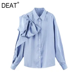 [DEAT] Camicia da donna personalità allentata con colletto rovesciato a maniche lunghe con fiocco a righe monopetto moda primaverile 13C673 210527