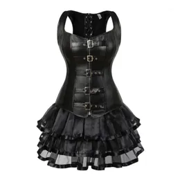 Steampunk Lace Up Powrót Waist Trener Body Shaper Klamra Bustier Overbus Corset Sukienka Faux Skórzane Gorsety Mini Spódnica Tutu Plus Bustiers