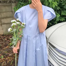 Korejpaa Kadınlar Elbise Yaz Kore Nazik Süt Yumuşak Mavi Yuvarlak Boyun Gevşek Yüksek Bel Pileli Tasarım Uçan Kol Vestidos 210526