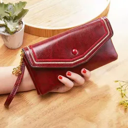 Vintage kvinnor designer plånböcker dam lång stil mode casual olje vax läder noll purs kvinnliga telefoner nr6