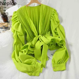 Neploe Blouse Women Solid V Neck Puff Sleeve Ladies Blusa Shirts Summer 2022 Fashion Casual Lace Up Slim Waist Female Tops H1230