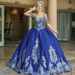 Royal Blue Quinceanera Dresses Lace Up Appliqued V Neck Princess Ball Gown Prom Party Wear Sweet 16 Dress Vestidos