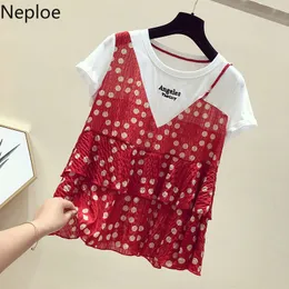 Neploe Women Tops Fake Two Piece Patchwork Blusas Mujer Sunner Kontrast Färgskjorta Koreanska Polka Dot Red Chic Blouses 95272 210422