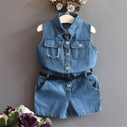 Baby bez rękawów dziewczęta kombinezony niemowlę kid moda denim back list drukowane dzieci kombinezon jeans 210528
