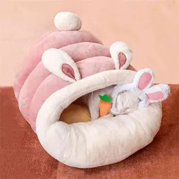 柔らかい猫のベッドマットの寝袋の家の家の枝編み細工品犬のバスケットなだめるようなソファのクッションのための座ってペット洞窟210722