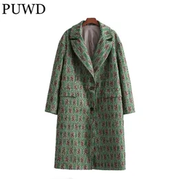 Puwd Vintage Women Loose V Neck Woolen Coat Höst Mode Ladies Green Fickor Casual Long Jackor Kvinnlig Chic Outwear 211110