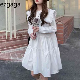 Ezgaga Dolce Vestito Delle Donne Del Collare Del Peter Pan Manica Lunga Primavera Coreano Chic Solido Allentato Bianco Moda Elegante Abito Abiti 210430