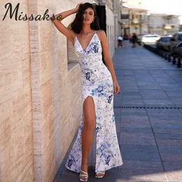 Missakso çiçek baskı bölünmüş bandaj elbise tatil parti yaz kadın mavi seksi backless spagetti kayışı maxi elbiseler 210625