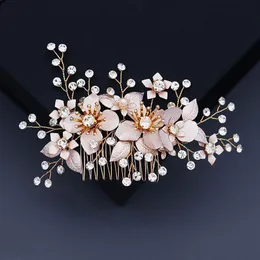 Colore oro Fiore Foglia Bling Perle di cristallo Pettini per capelli Copricapo Sposa Noiva Accessori per gioielli da sposa da sposa 2021 Clip Barrettes