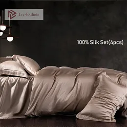 Liv-Esthete Mulheres Dark Gold 100% Silk Beauty Beating Set Silky Skin Skin Duvet Capa Folha Plana Fronha Rainha Rainha Set 210319