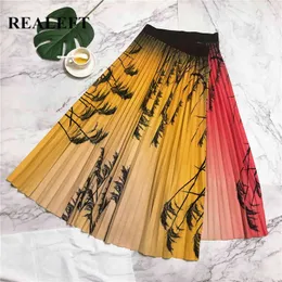 Spring Summer Pleated Skirts Fashion Tree Printed Long Elastic High Waist Vintage Tulle Female 210428