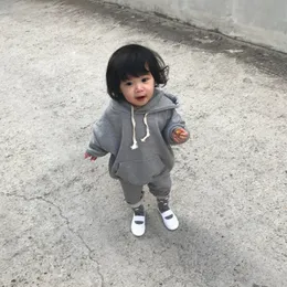 Sonbahar Bebek Erkek Kız Katı Renk Spor Giysileri Setleri Bebek Çocuklar Uzun Kollu Hoodies Ve Sweatpants 2 adet Kıyafetler 210508