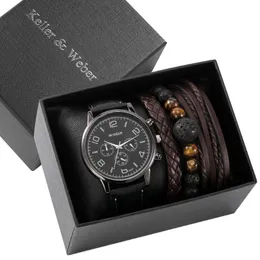 Wristwatches 2021 Mężczyźni Zegarek Bransoletka Zestaw Gift Black Quartz Numery Wristwatch Bezpieczne Pin Klamra Brązowe Woven Bransoletki Urodziny Dla Ojca