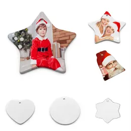 Fashion Sublimation Blank Ceramic Pendant Creative Christmas Decoration Heat Transfer Printing DIY Ornament Xmas Tree Hanging Tag Holidays Heart Round Star Craft