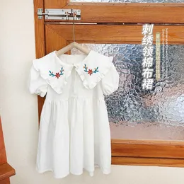 Barn sommarflickor vit cottond klänning broderi krage kortärmad a-line för barn preppy kläder 210529