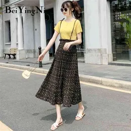 Rem Kjolar Kvinnor Blommigtryck Vintage Chiffon Högt midja Pläterad Midi Skirt Kawaii Casual Beach Boho Saias Mujer 210506