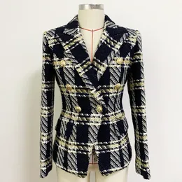 古典的なスタイル最高品質オリジナルデザイン女性のブレザーダブルブレストウールツイードブレザースリムジャケットメタルバックルPlaid Coat Outwear