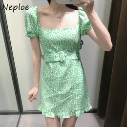 Neploe Colletto Quadrato Clavicola Esposta Vestito Sexy Donna Vita Alta Anca Una Linea Sottile Abiti Estate Verde Stampa Abito 210510