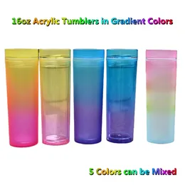 Mixed Double Wall 16oz Acrylic Skinny Tumblers with Straw Lid Reusable Gradient Colored Plastic Water Bottles Portable Ombre Coffee Mug Matte Frosted Drinking Cups