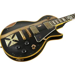 Super raro James Hetfield Metallica Heavy Relic Black Electric Guitar Iron Cross Inlay, Gold Stripe Graphics Top, Encadernação Amarela, Ferragens Douradas