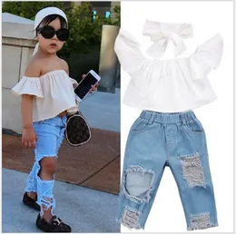 3PCS Set Für Mädchen Sommer Kleidung Weiße Tops + Zerrissene Jeans + Stirnbänder Mädchen Anzug Kinder Outfits Kinder Kleidung sets